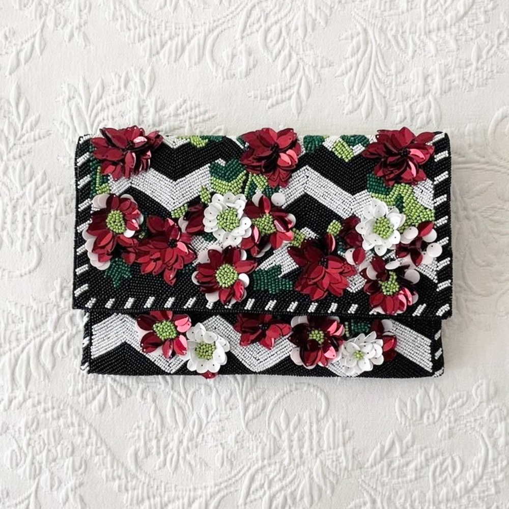 NWT Lulus Black and White Beaded Chevron Stripe Floral Clutch bag